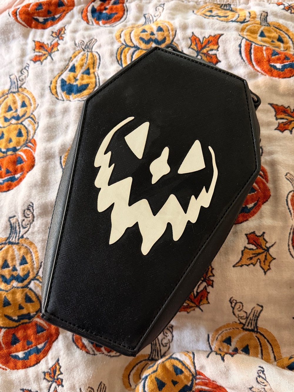 Black Coffin Backpack Purse with White Jack-O'-Lantern Face
